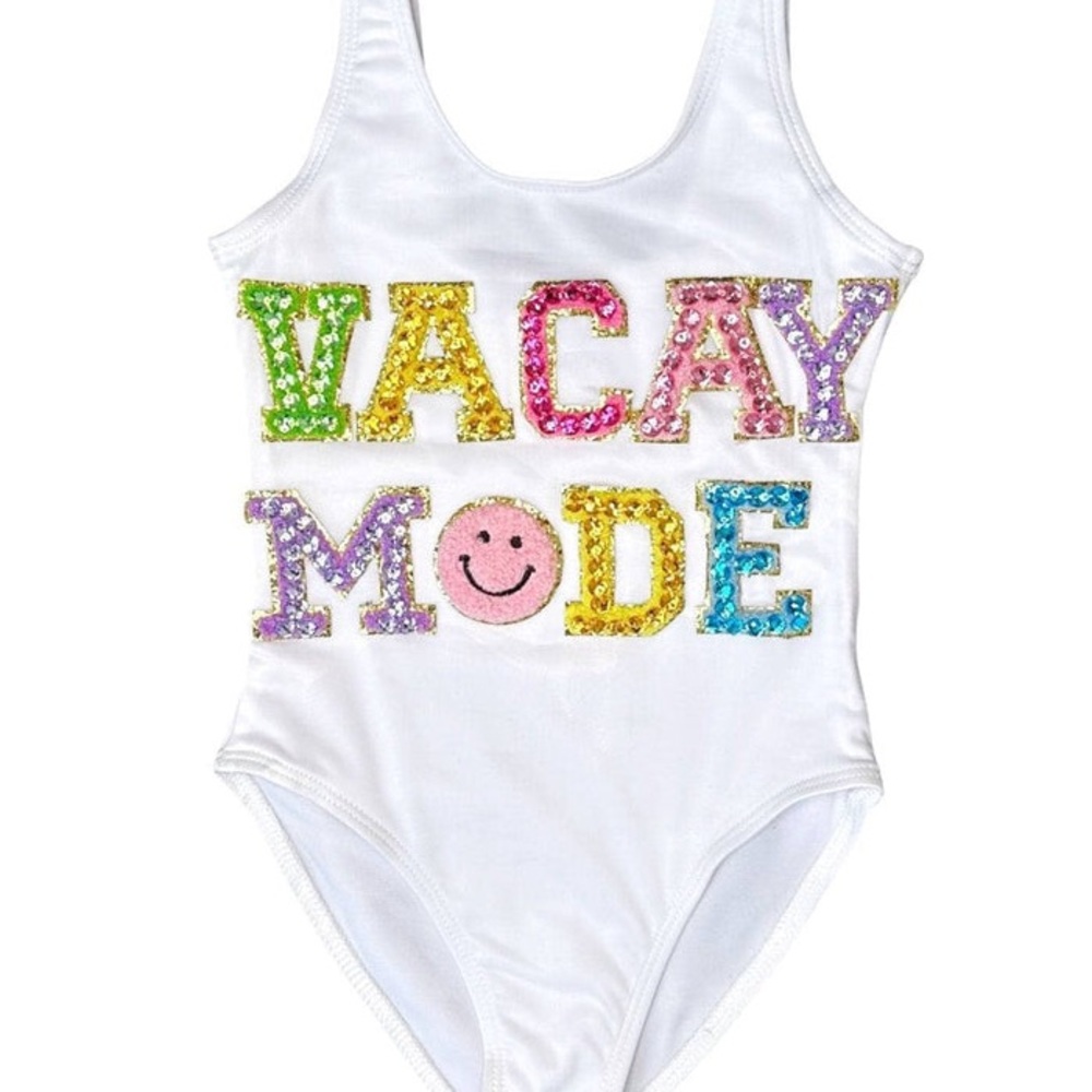 Lola + The Boys White One-Piece Swimsuit with Colorful Sequin "VACAY MODE"